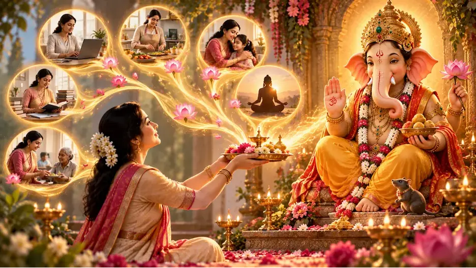 A devotee offers her work, family life, study, service, and spiritual practice to Lord Ganesh
