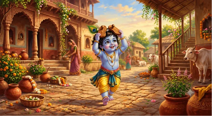 Little Krishna toddles around carrying Nand Baba’s padukas on His head