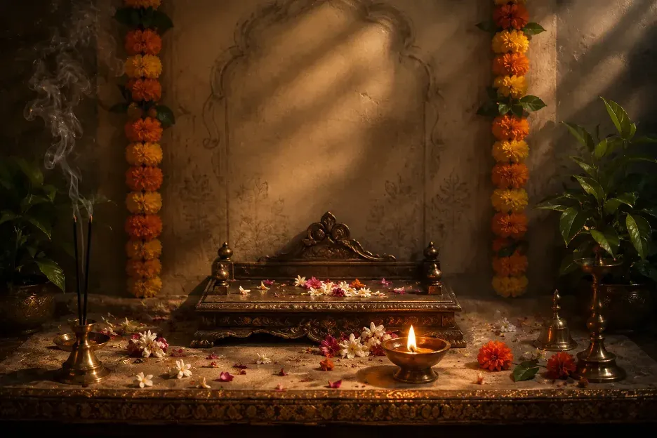Empty Ganesha altar with flowers, diya, and incense smoke after Visarjan