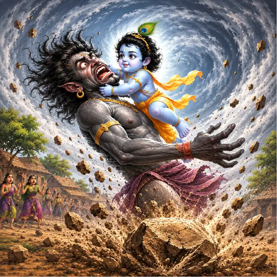 Baby Krishna overpowers the whirlwind demon Trinavart, smashing him to the ground