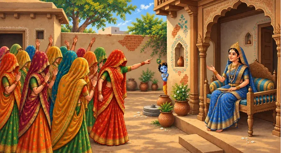 Braj gopis approach Yashoda with complaints about Krishna’s playful antics