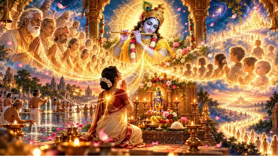 Devotee praying to Krishna amid ancestors and descendants
