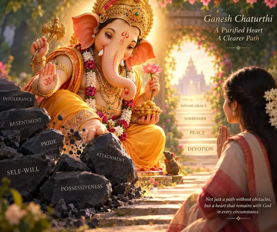 Lord Ganesh removes inner obstacles as a devotee follows a luminous path of bhakti, grace, and surrender
