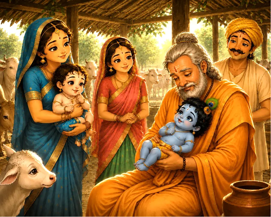 In the cowshed, Gargacharya gazes upon the divine child with deep contemplation, as Nand, Yashoda, and Rohini look on