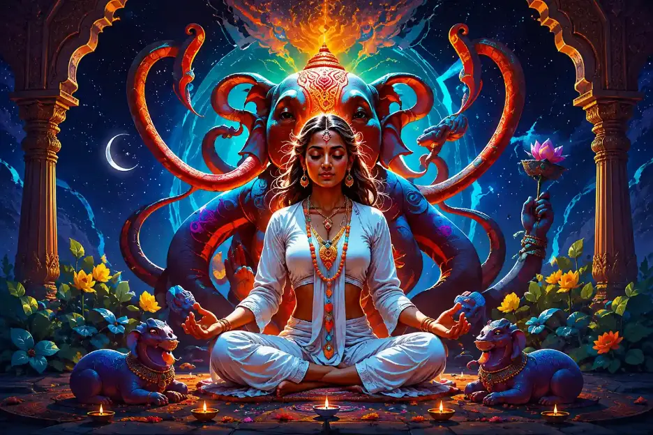 A serene devotee meditates before a radiant Ganesha figure inside an ornate temple, surrounded by glowing diyas, flowers, and a starry blue sky