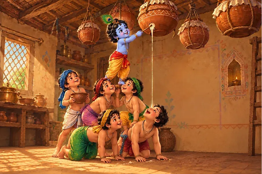 Krishna and His cowherd friends sneak into houses, puncture hanging pots, and drink the streaming butter