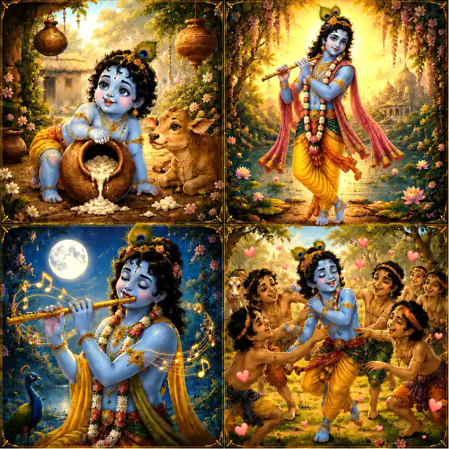 Through the four madhuris—baal leela, murli madhuri, roop madhuri, and prem madhuri: Lord Krishna manifests divine sweetness uniquely inherent to His Form