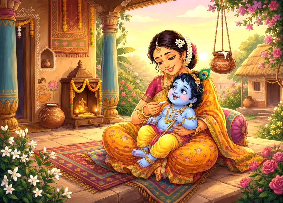 Mother Yashoda adores Shree Krishna simply as her Lala, while the Lord conceals His grandeur and revels in her affection