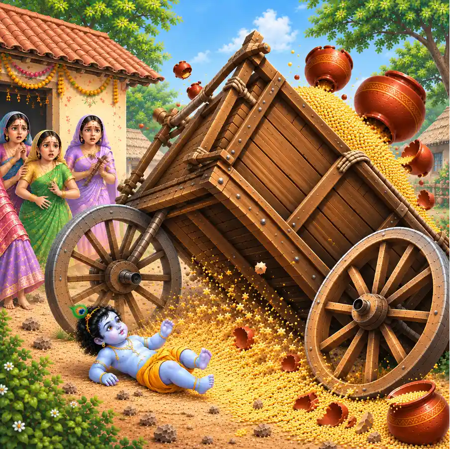 Baby Krishna destroys the disguised cart-demon Shakatasur with a single strike of His foot