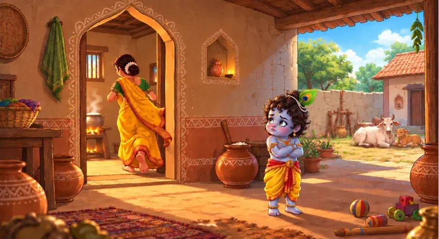 Krishna gets upset after Yashoda sets Him aside and hurries away to attend to boiling milk