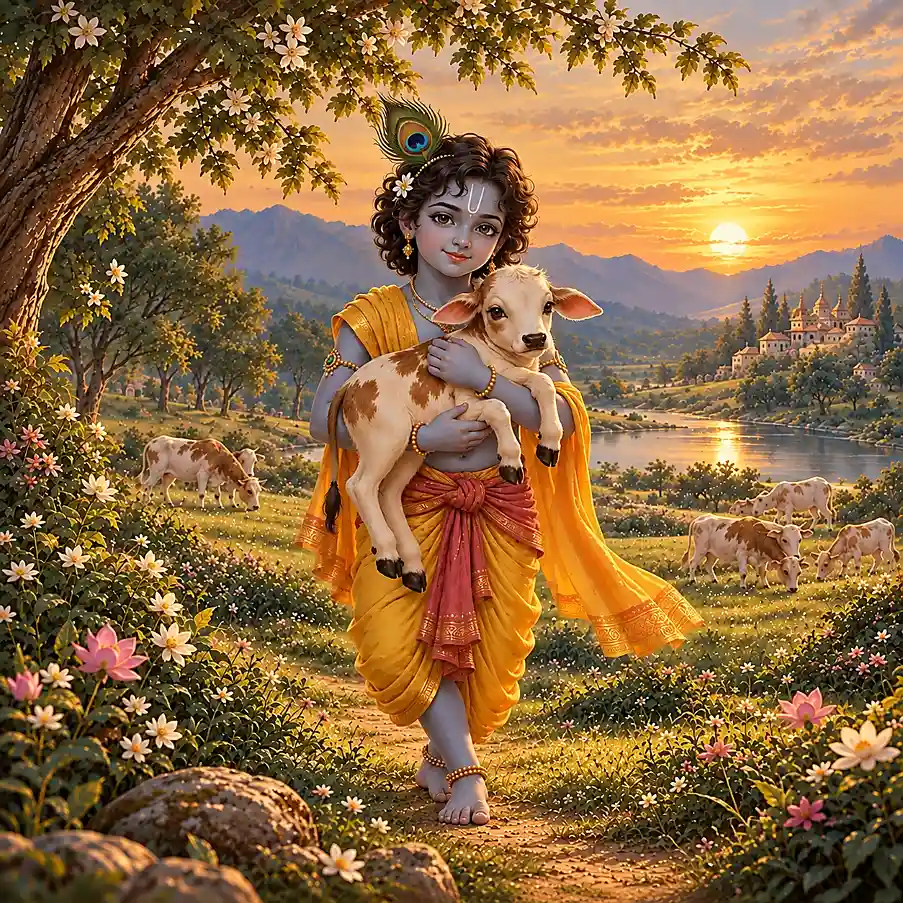 Krishna cradles a calf with affection, symbolizing His bond with the cows