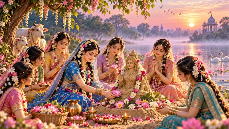 Gopis worshipping Maa Katyayani on the Yamuna bank