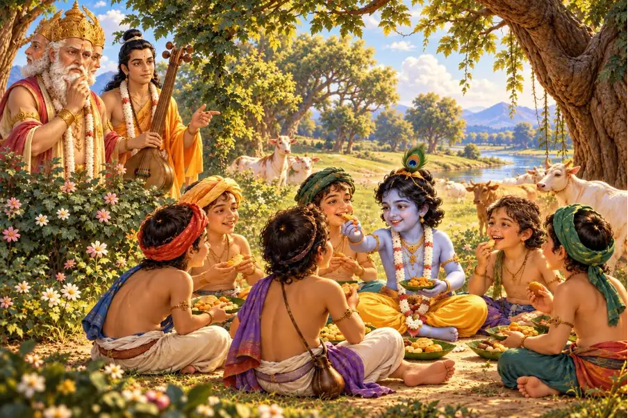 Krishna amidst His cowherd companions, bantering with them and relishing their half-eaten morsels, immersed in the simple, unvarnished joys of friendship