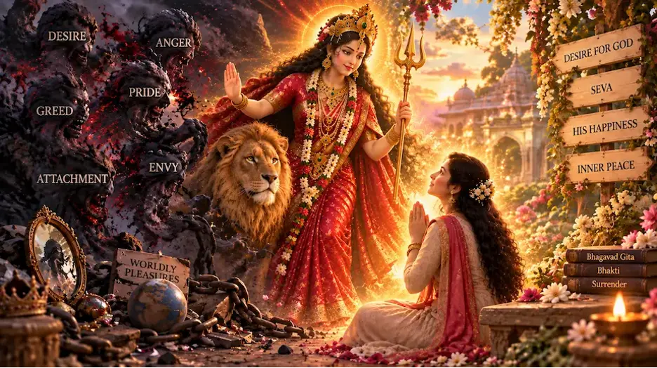 Maa Durga guiding a devotee beyond desire, anger, greed, attachment, and pride
