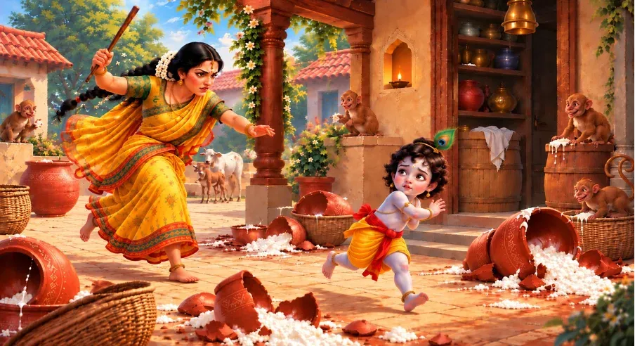 Yashoda chases mischievous Krishna with a stick after he breaks the pots and feeds butter to the monkeys