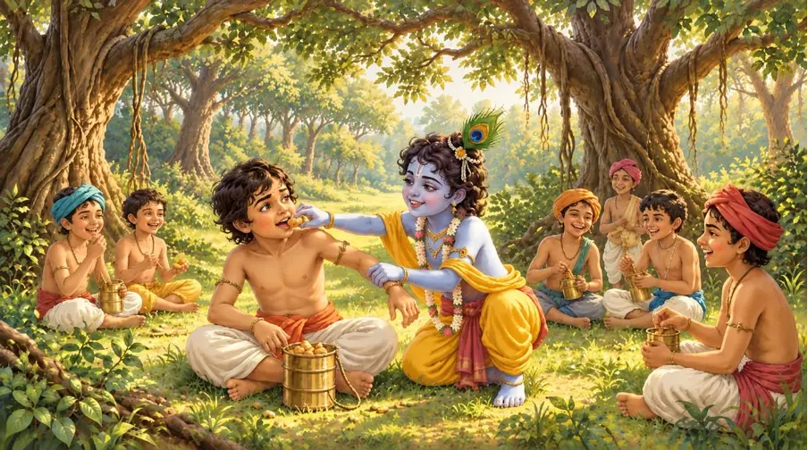 Krishna lovingly reaches for a half-eaten morsel from His sakha’s mouth, intending to eat it Himself