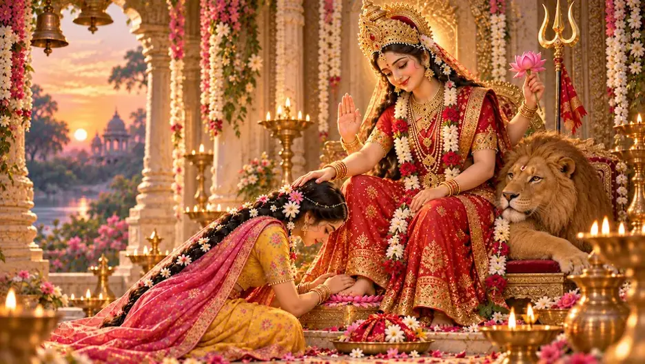 Devotee surrendering her desires at Maa Durga’s lotus feet