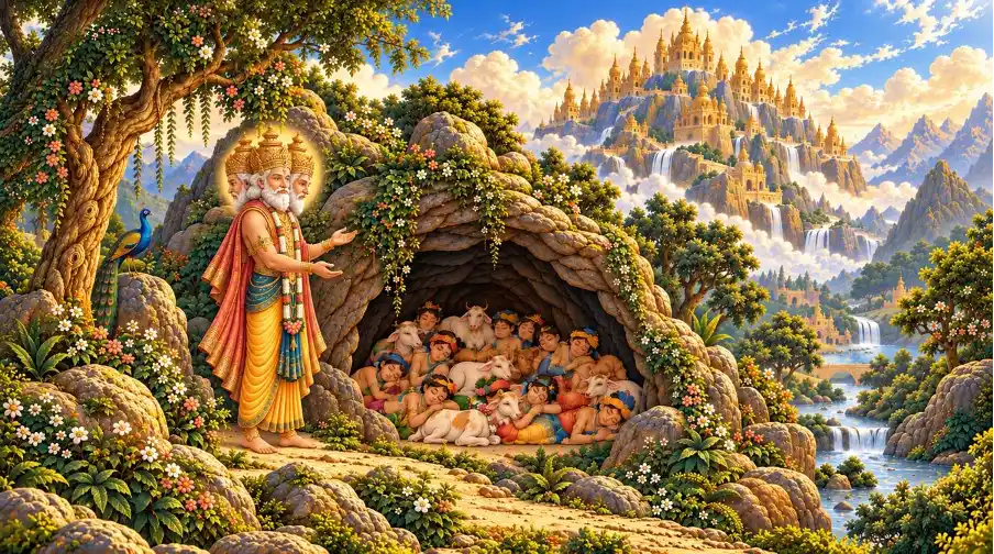Brahma gathered the cowherd boys and calves and hid them in a cave on Mount Sumeru