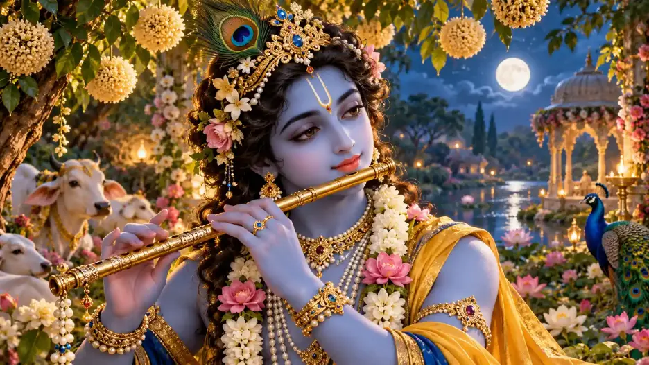 Shree Krishna playing His golden flute in a beautiful Vrindavan garden adorned with flowers, peacocks, and a full moon on Sharad Poornima