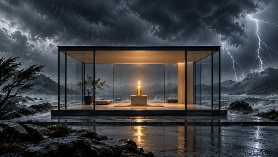 A glowing candle burns calmly inside a glass pavilion during a violent storm