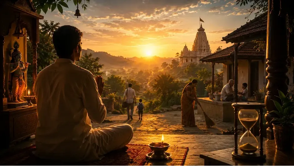 Devotee welcoming a new day with prayer, gratitude, and spiritual purpose