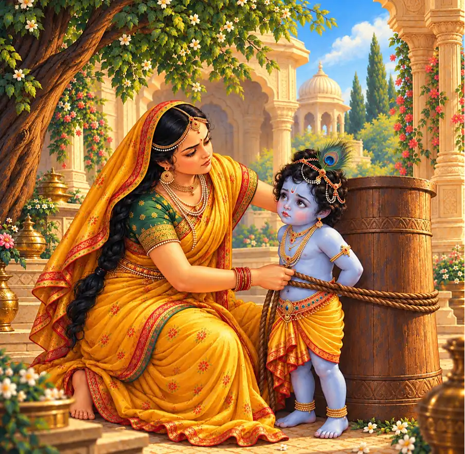 Mother Yashoda ties Krishna to a mortar to teach him a lesson for his endless antics