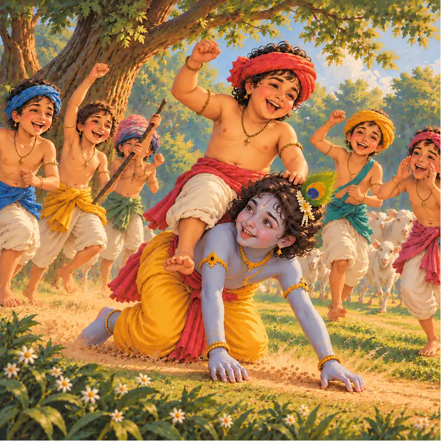 Having lost a game, Krishna gets down on all fours like a horse, happily carrying His friend on His back