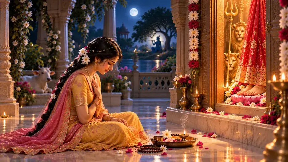 Devotee surrendering her imperfect sadhana at Maa’s lotus feet