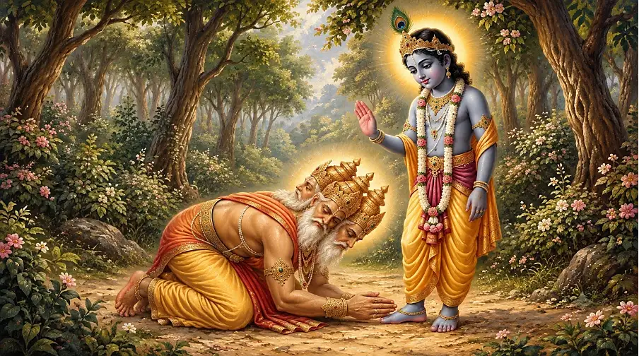 Moved by Brahma’s prayer, Shree Krishna blessed him, and Brahmaji returned to his abode