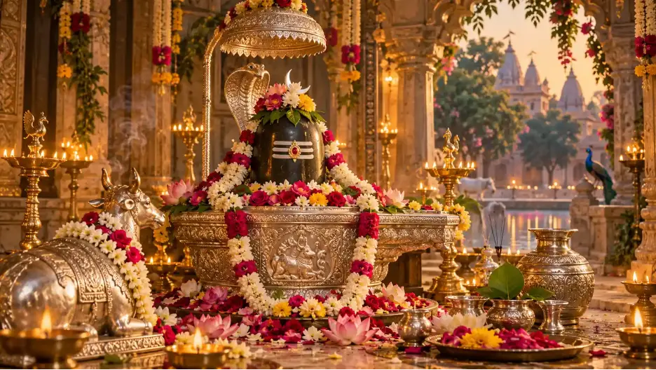 Artistic depiction of Gopīśvara Mahādeva’s Shiva shrine in Vrindavan, adorned with colorful flowers, silver ornaments, and glowing diyas