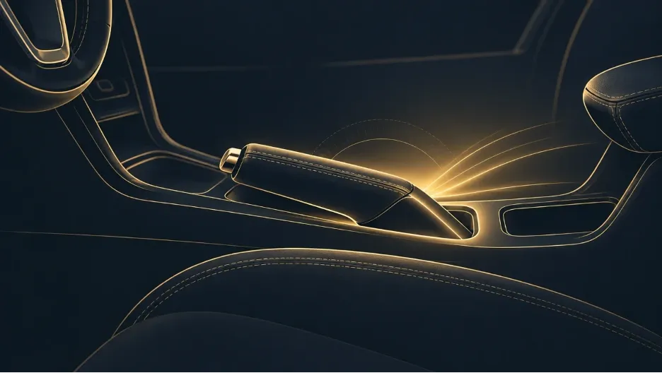 Lowered handbrake glowing with golden light, symbolizing emotional release and forward momentum
