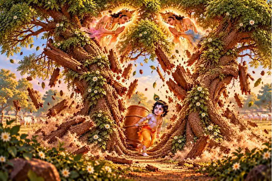 Nalakuber and Manigriv offer their obeisance to Shree Krishna as He liberates them from their cursed tree forms
