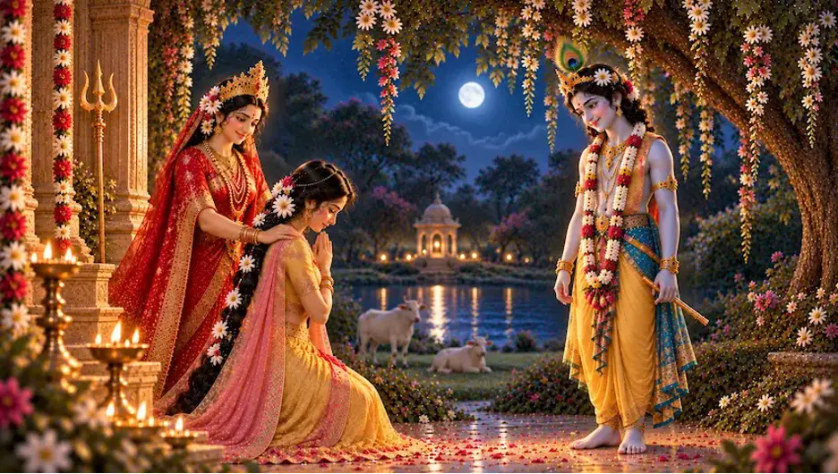 Maa lovingly guiding a surrendered devotee toward Shyamsundar