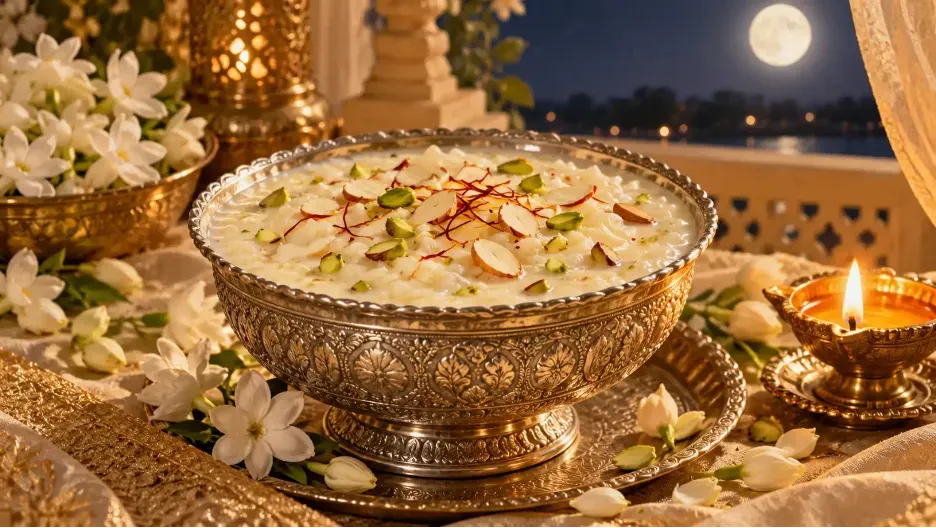 Traditional Sharad Poornima rice kheer in an ornate silver bowl, garnished with saffron, pistachios, and almonds, surrounded by jasmine flowers and a glowing diya