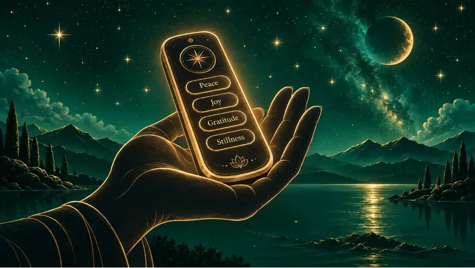 A glowing remote with buttons for peace, joy, gratitude, and stillness held against a starry teal sky