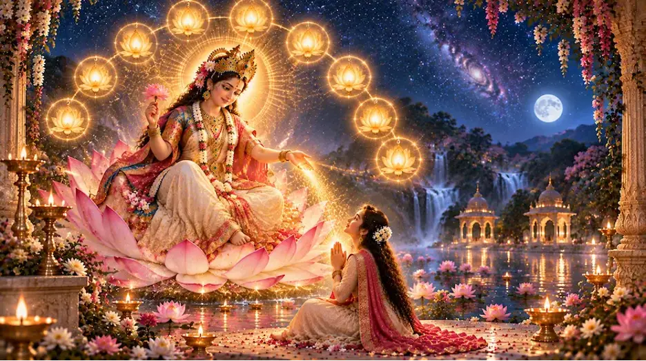 Siddhidatri blessing a devotee beneath nine glowing lotuses