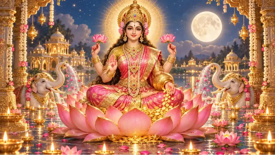 Goddess Lakshmi seated on a pink lotus with golden jewelry and a glowing halo, surrounded by diyas, lotus flowers, elephants, and moonlit temple architecture