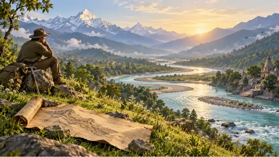 A winding river flows through a mountain valley as a geologist sits nearby with an old map on the riverbank