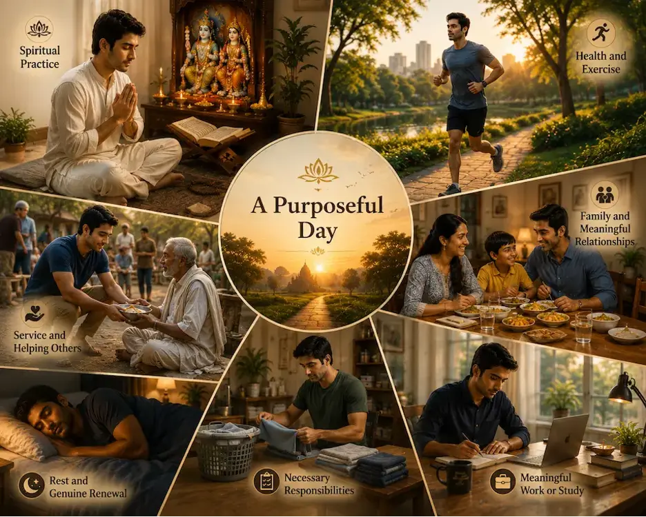A balanced day of spiritual practice, health, family, work, responsibilities, service, and rest