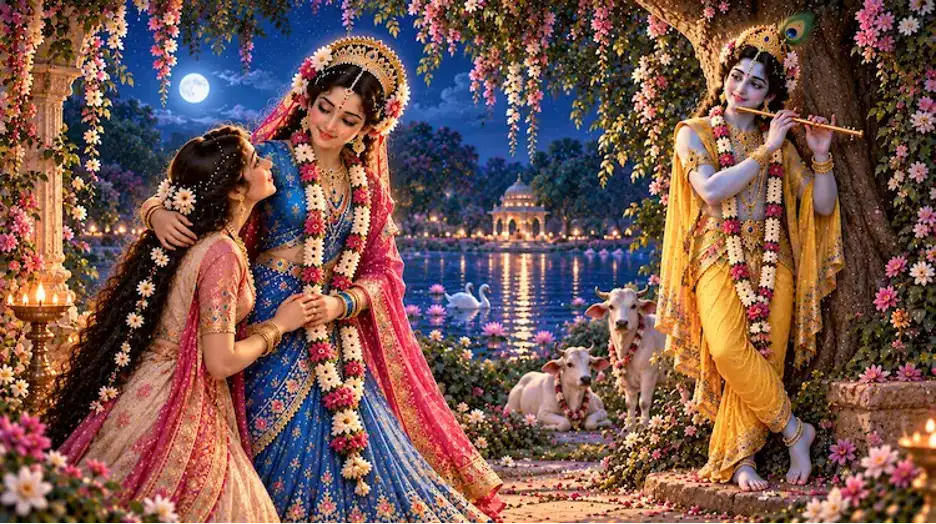 Radha Rani guiding a devotee toward Shyamsundar in Vrindavan