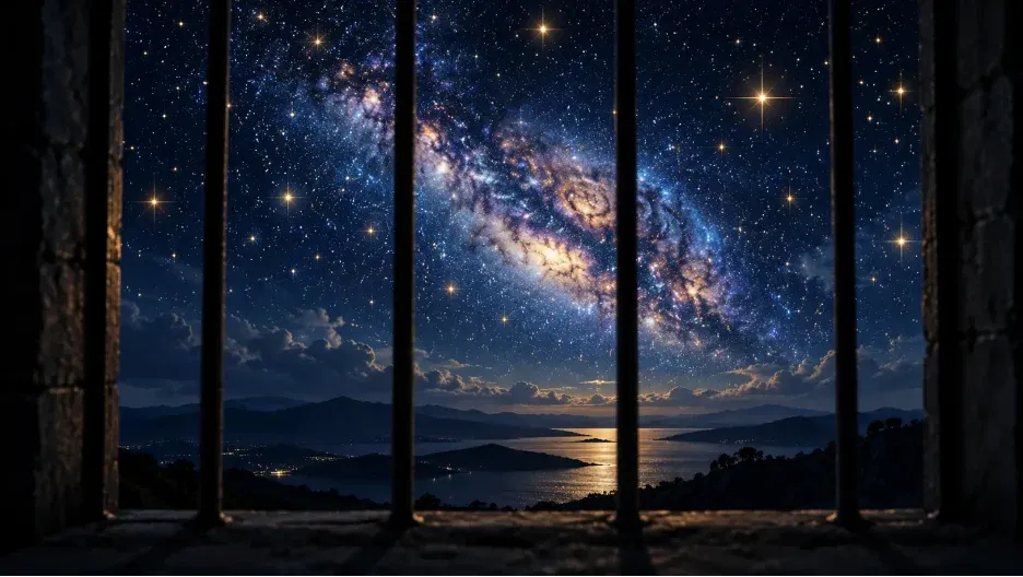Dark prison bars frame a brilliant star-filled night sky with a glowing galaxy beyond