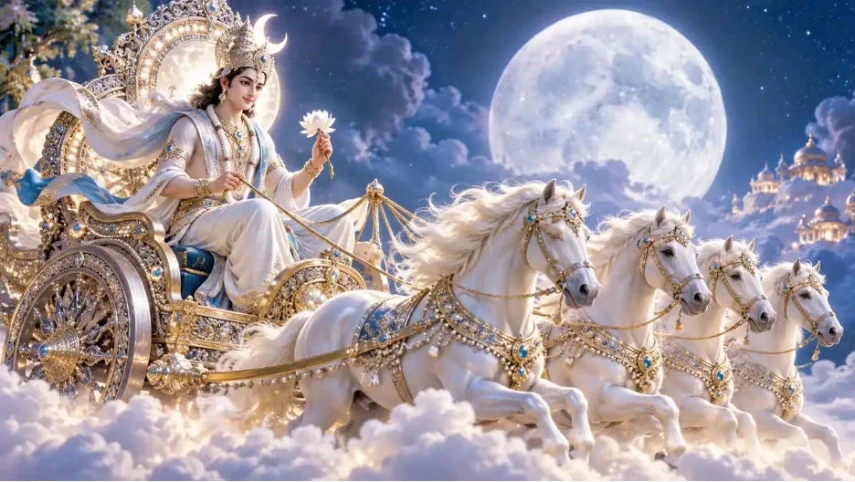 Artistic depiction of Chandra Dev riding an ornate silver celestial chariot drawn by four white horses, beneath a radiant full moon and starry sky