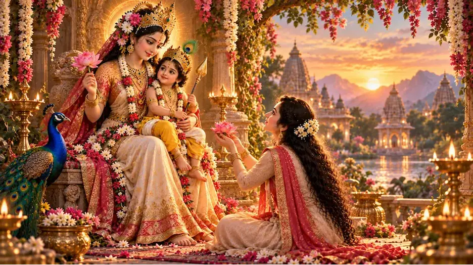 Devotee offering a flower at Skandamata’s lotus feet.