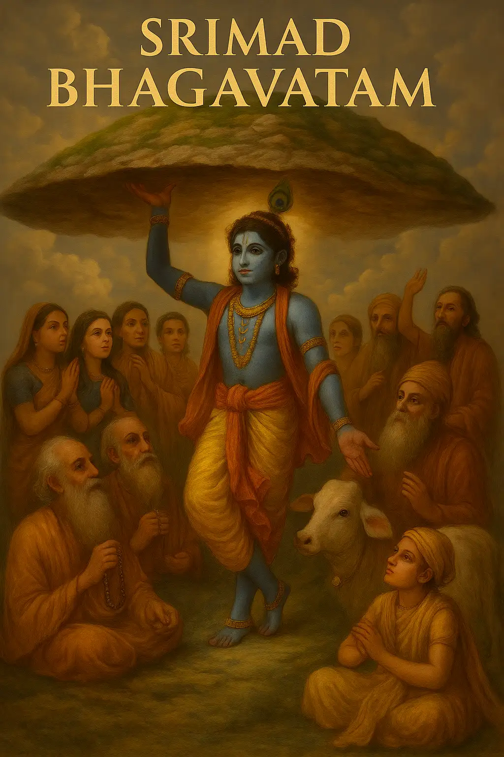 Shree Krishna lifting Govardhan Hill to shelter devotees, with "Srimad Bhagavatam" above in golden letters.