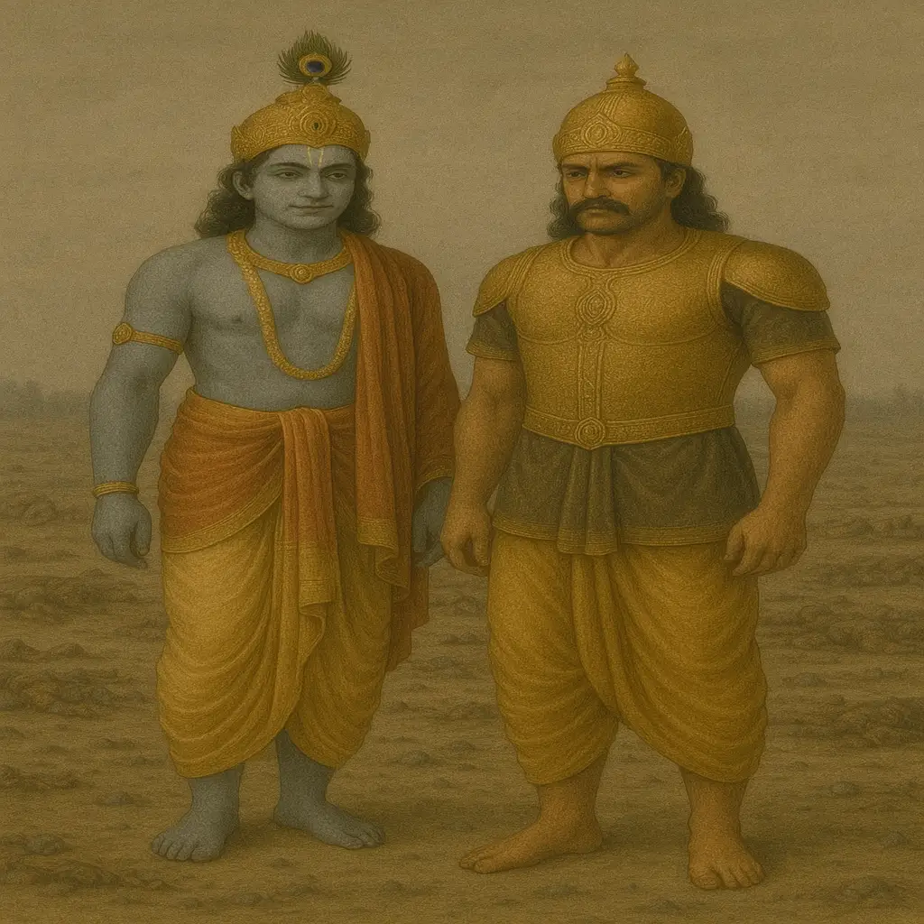 Shree Krishna and Arjuna stand together after the Mahabharata war, reflecting on its aftermath - Srimad Bhagavatam