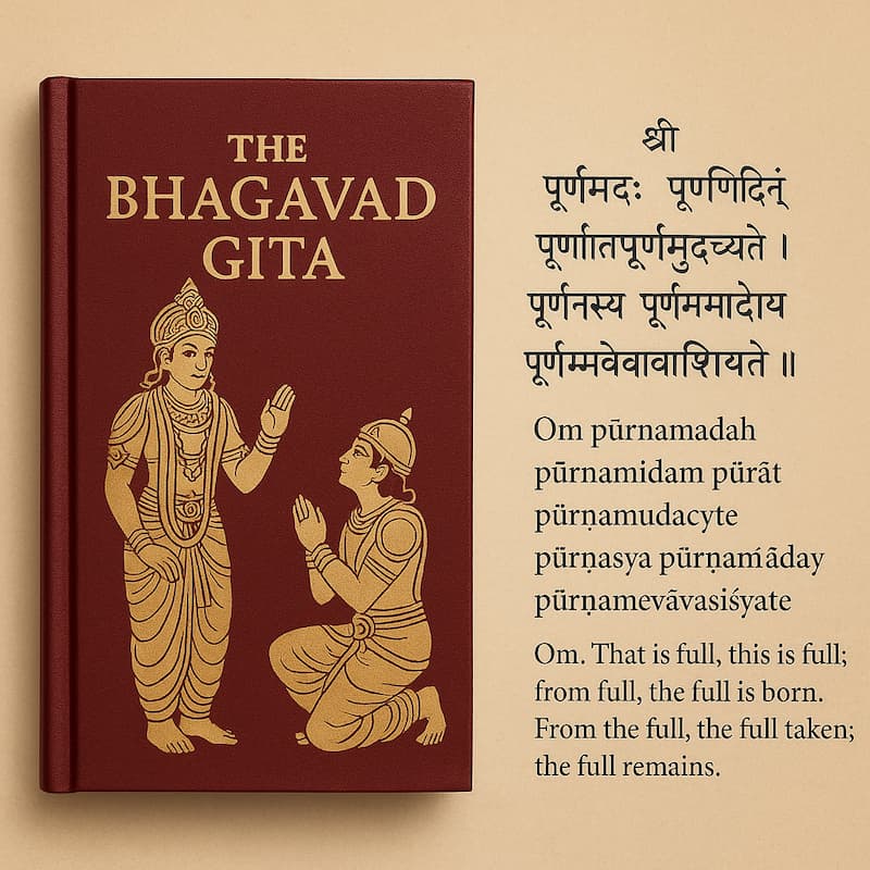 Bhagavad Gita cover with Poornamadah mantra in Sanskrit and English translation shown side by side.