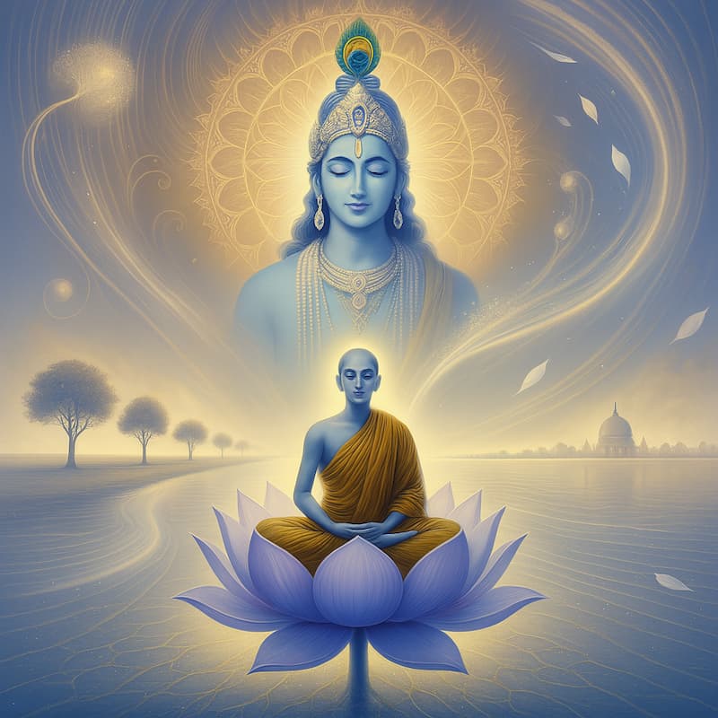 A calming image a person sitting on a lotus flower and meditating on the divine form of Lord.