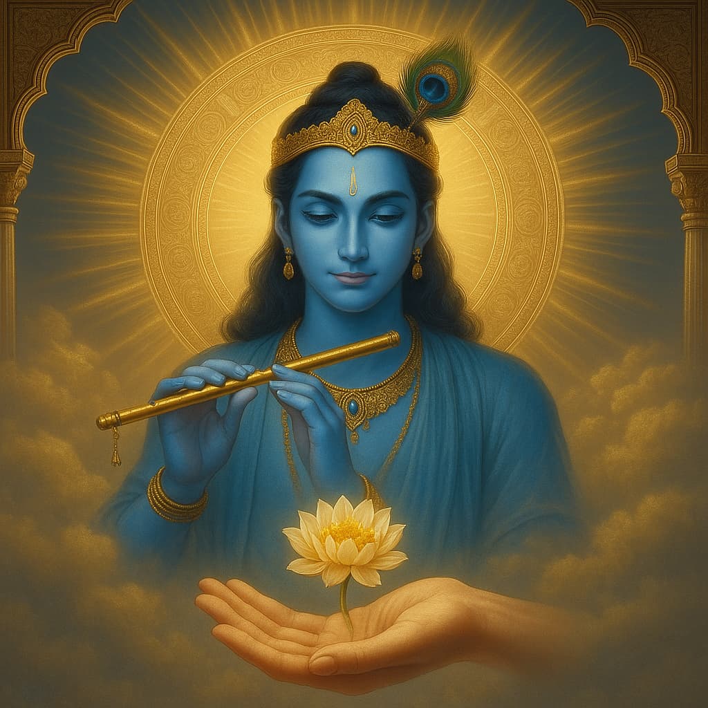 A beautiful image of a devotee's hand offering flower to Shree Krishna.