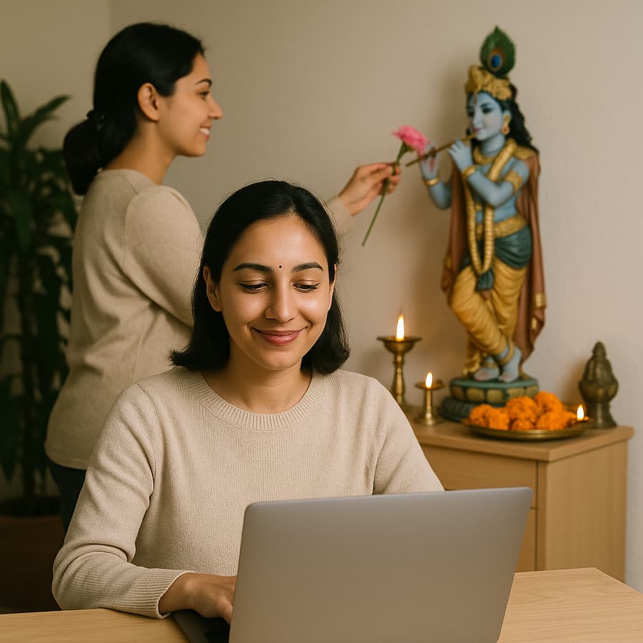 "A beautiful image of a smiling lady who is working while in her mind she is attached to Shree Krishna.