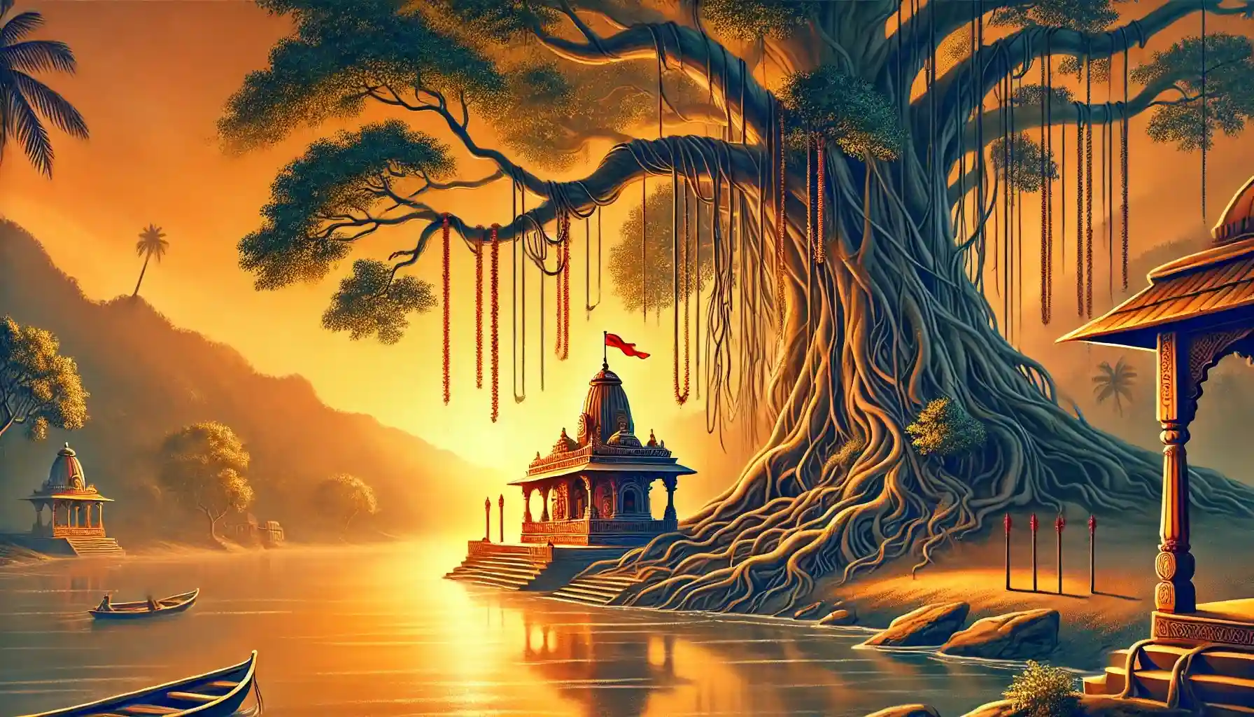"A serene sunrise scene on the banks of the Ganga with a temple and ancient banyan tree"